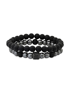 2-Piece Stainless Steel, Black Lava, Hematite & Black Crystal Beaded Bracelet Set