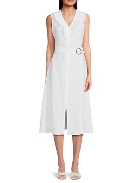 Belted Ruffle Trim 100% Linen Midi Dress