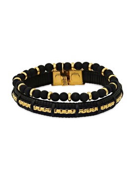 2-Piece Black Lava & Leather Beaded Bracelet Set