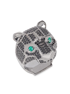 Sterling Silver, Emerald & Black Spinel Panther Ring