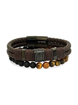 2-Piece Black IP Stainless Steel, Leather & Tiger Eye Bracelet Set