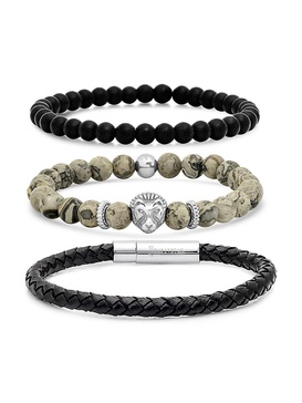 ​3-Piece Agate, Stainless Steel, Lava & Leather Bracelet Set