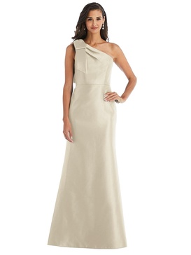 bow one-shoulder satin trumpet gown