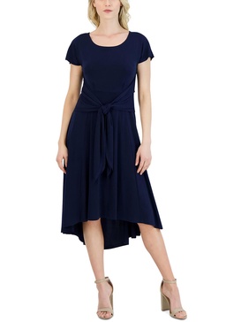 petites womens short sleeve hi-low midi dress