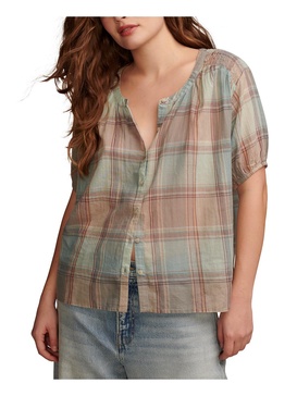 womens smocked short sleeve button-down top