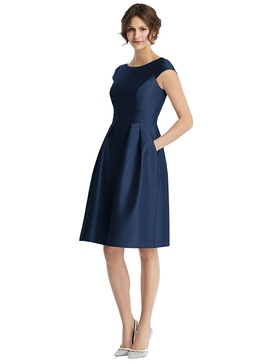 cap sleeve pleated cocktail dress with pockets