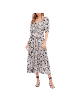 womens puff sleeve printed midi dress