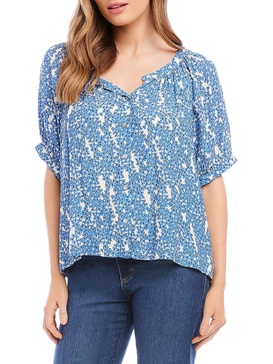 womens floral print button-down peasant top