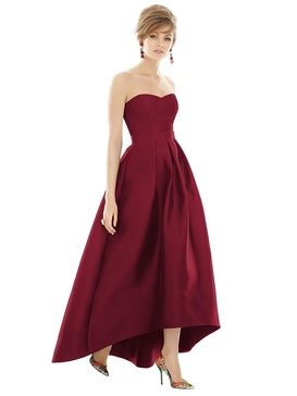 strapless satin high low dress with pockets