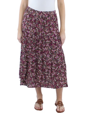 womens floral print pull on midi skirt