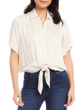 womens collared tie front button-down top