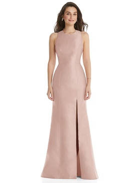 jewel neck bowed open-back trumpet dress with front slit