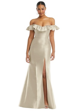 off-the-shoulder ruffle neck satin trumpet gown