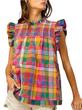 becky vintage plaid ruffle sleeve smocked top in multi color