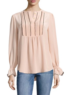 regina semi sheer long sleeve silk shirt blouse in blush