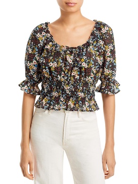 womens floral print smocked cropped