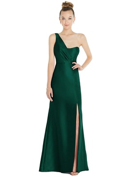 draped one-shoulder satin trumpet gown with front slit