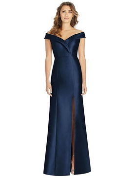 off-the-shoulder cuff trumpet gown with front slit