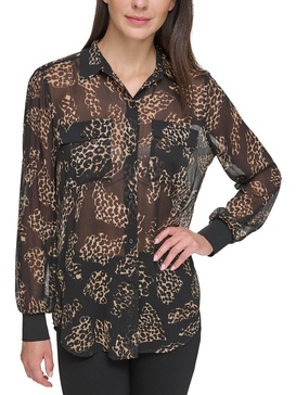 womens animal print long sleeve button-down top