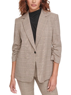 petites womens houndstooth ruched one-button blazer