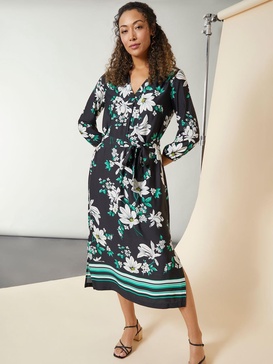 v-neck floral belted midi dress