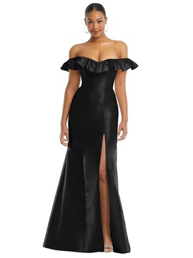 off-the-shoulder ruffle neck satin trumpet gown