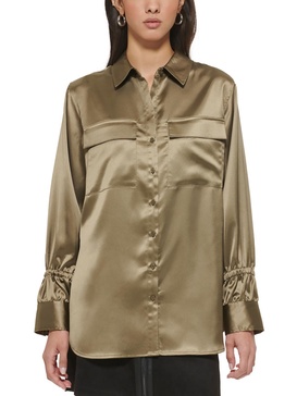 womens flap pocket satin blouse