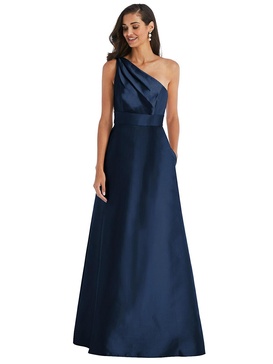 draped one-shoulder satin maxi dress with pockets