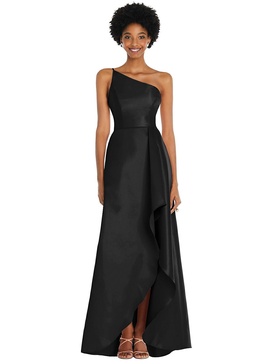 one-shoulder satin gown with draped front slit and pockets