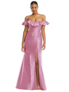 off-the-shoulder ruffle neck satin trumpet gown