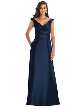 off-the-shoulder draped wrap satin maxi dress