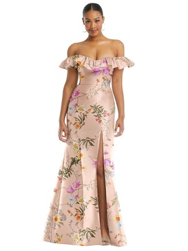 off-the-shoulder ruffle neck floral satin trumpet gown