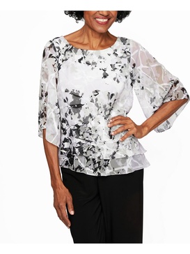 petites womens printed tiered blouse