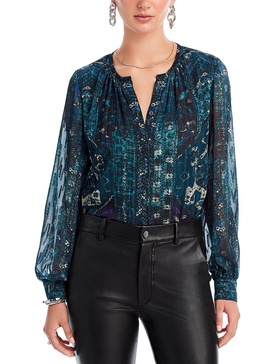 womens v-neck printed button-down top