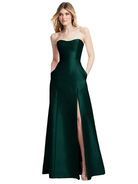 strapless a-line satin gown with modern bow detail