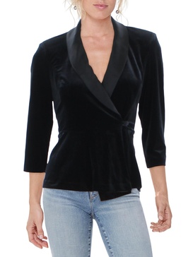 petites womens velvet long sleeve wrap top