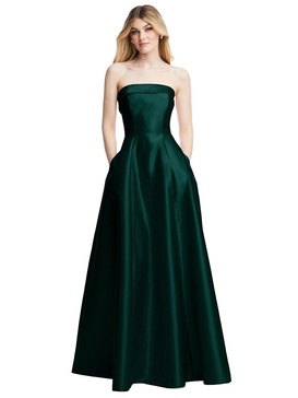 strapless bias cuff bodice satin gown with pockets