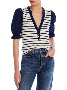 womens striped split neck polo top