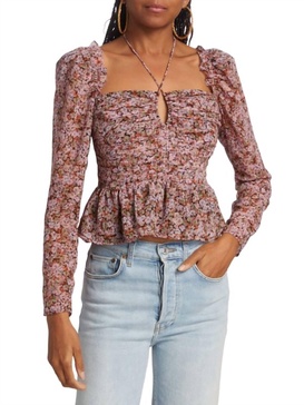 floral rouched long sleeve blouse in black/pink