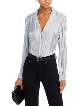 womens shimmer collared button-down top