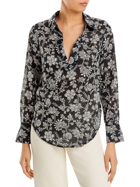 womens floral print split neck button-down top