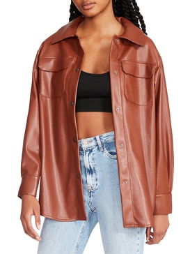 womens faux leather snap front shirt jacket