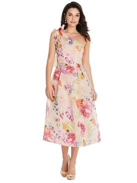 scarf-tie one-shoulder pink floral organdy midi dress