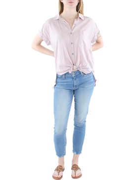 womens high low collared button-down top