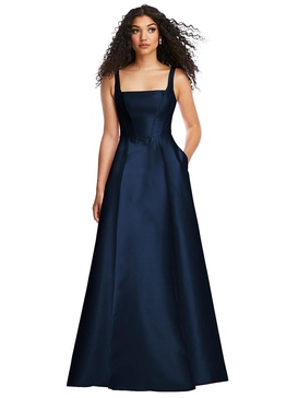 boned corset closed-back satin gown with full skirt and pockets