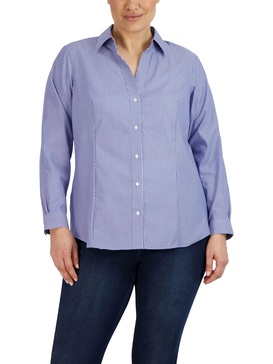 plus size striped easy-care button-up shirt