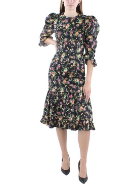 womens below knee puff sleeve midi dress