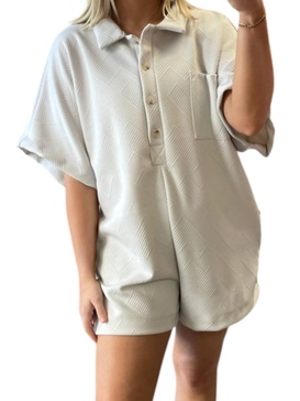 textured button up collared romper in silver