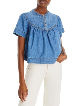 womens denim split-neck blouse