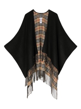 Black And Beige Cape With Check Motif And Fringed Hem In Wool Woman